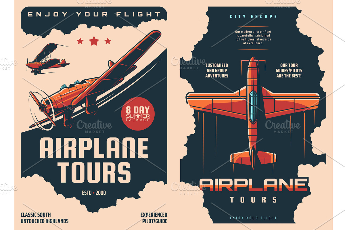 Airplane tours retro posters, a Transportation Illustration by Vector Tradition