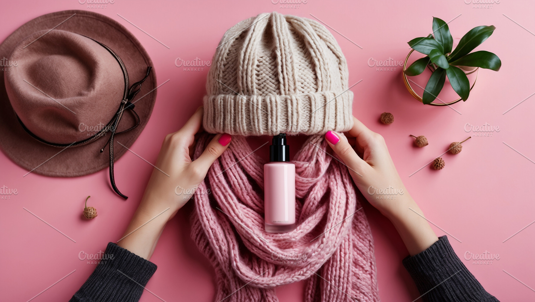 Pink Cosmetic Bottle in Knitted Scar, a Beauty & Fashion Photo by Stock Shape