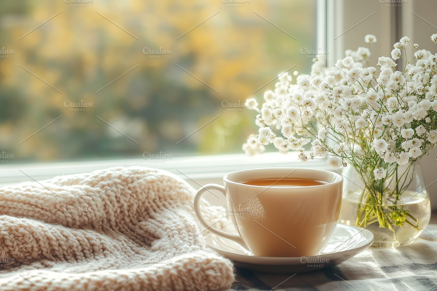 Cup of hot cappuccino and knitted plaid on a windowsill, a Food & Drink Photo by AlyaAnd