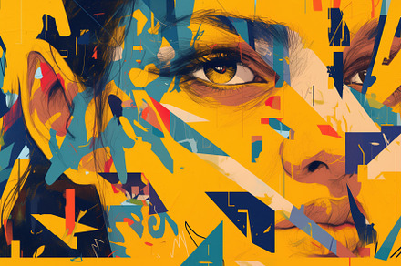 A vibrant and abstract portrait featuring a woman's face partially obscured by, a Wallpaper Graphic by Textures & Backgrounds