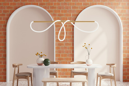 Modern dining room interior design with white wall in scandi style.