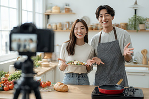 Happy Couple Cooking Show Healthy Fo, a Photo by Pixeness Studio