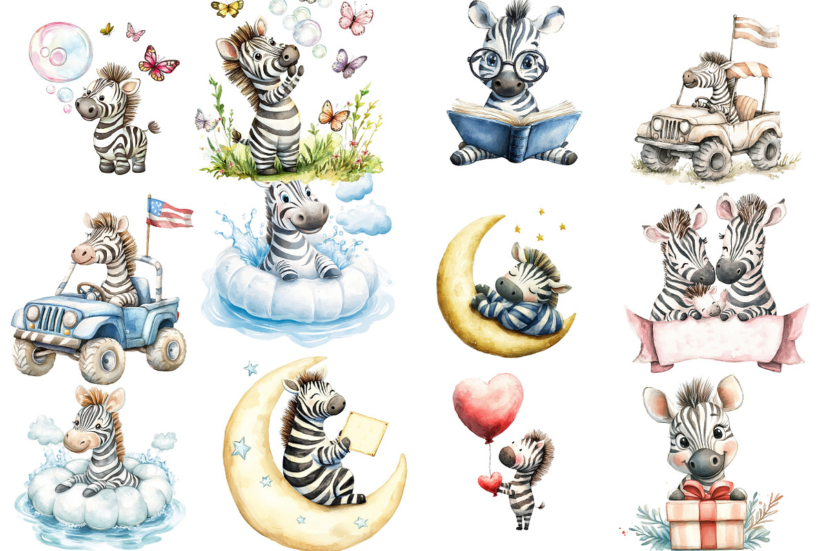 Cute Zebra Sublimation Clipart, an Illustration by Watercolor design (Photo 2 of 5)