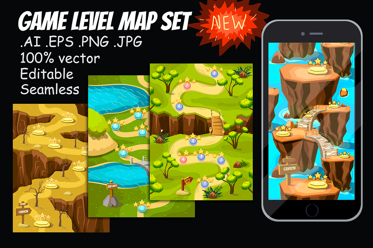 Game Level Map Set + Kit, an Illustration by 2dvillShop