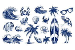 Beach drawing set. Shell palm tree, an Animal Illustration by Stock-Smart-Start