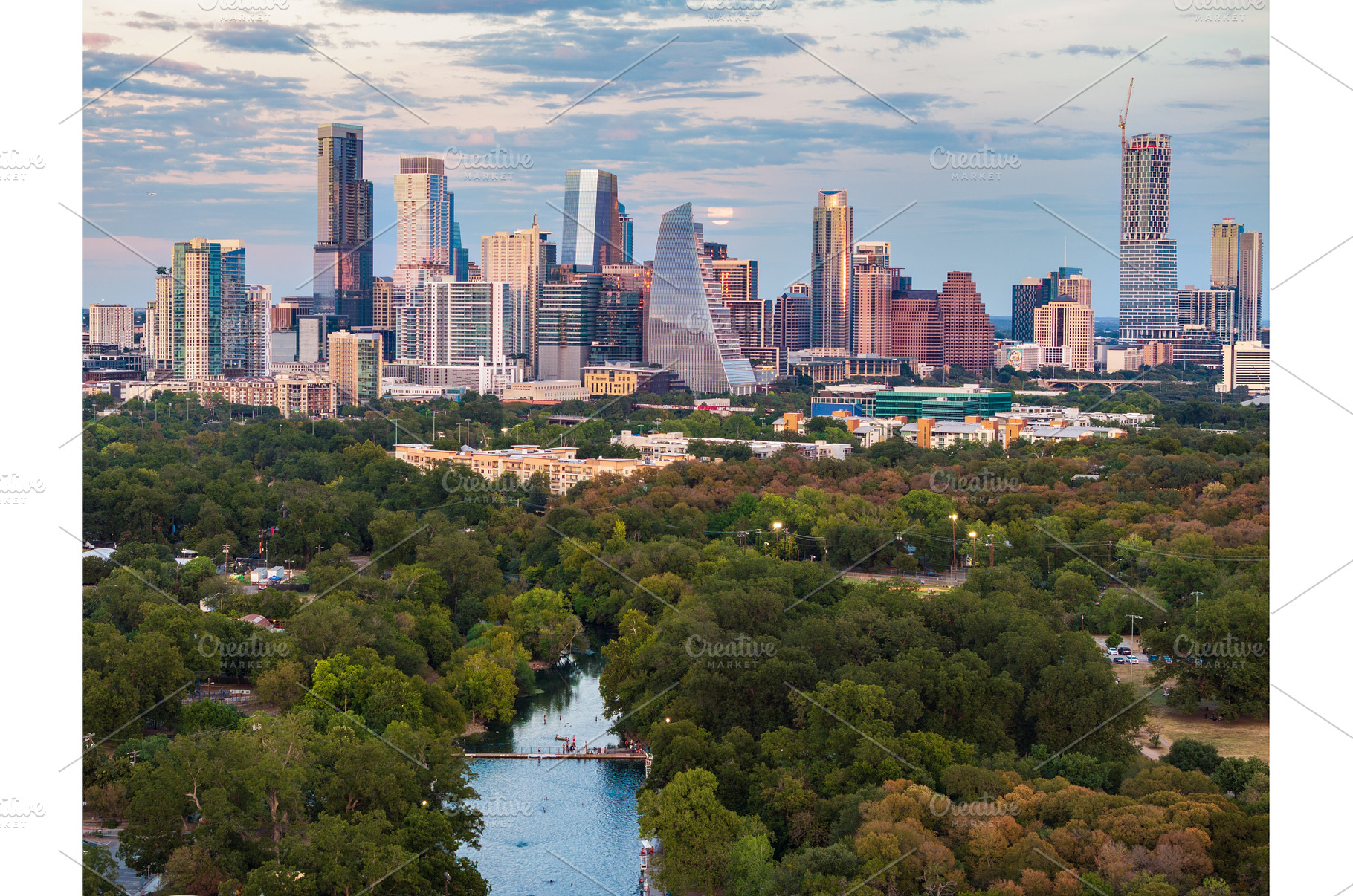 Harvest moon in the Austin skyline, an Architecture Photo by Backyard Stock