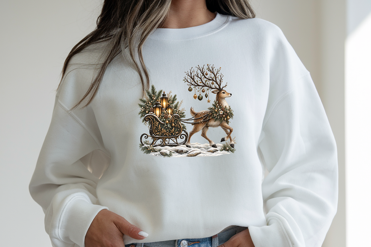 Ornate Reindeer Sleigh Holiday Scene, a Seasonal Illustration by Printable Design Store (Photo 3 of 3)