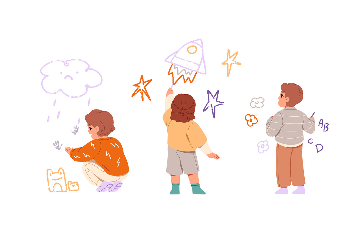 Cute kids drawing doodles on wall, a Person Illustration by PaperTrident (Photo 6 of 14)