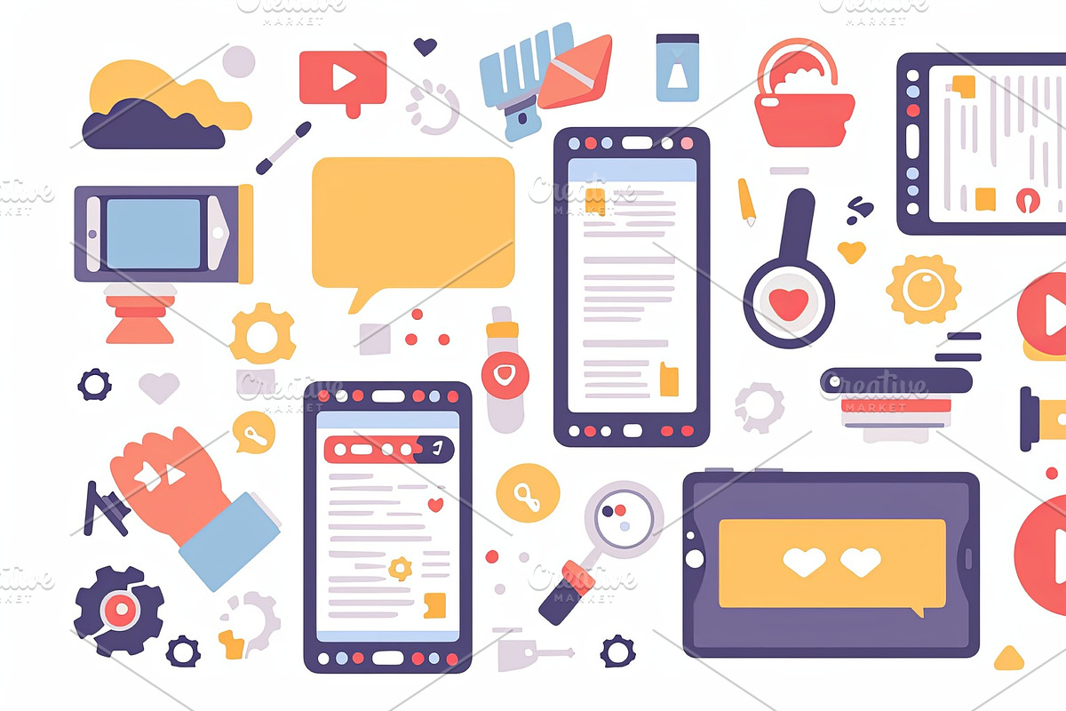 Social media and video interfaces displayed on smartphones and tablets in abstr, an Illustration by AS photostudio