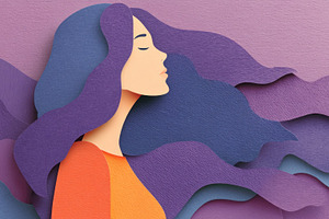 Paper cut style illustration of a serene woman with flowing purp, a Photo by José Manuel Gelpi