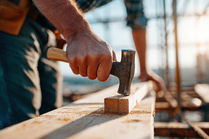 Carpenter hammering wood at sunset, an Industrial Photo by AlyaAnd