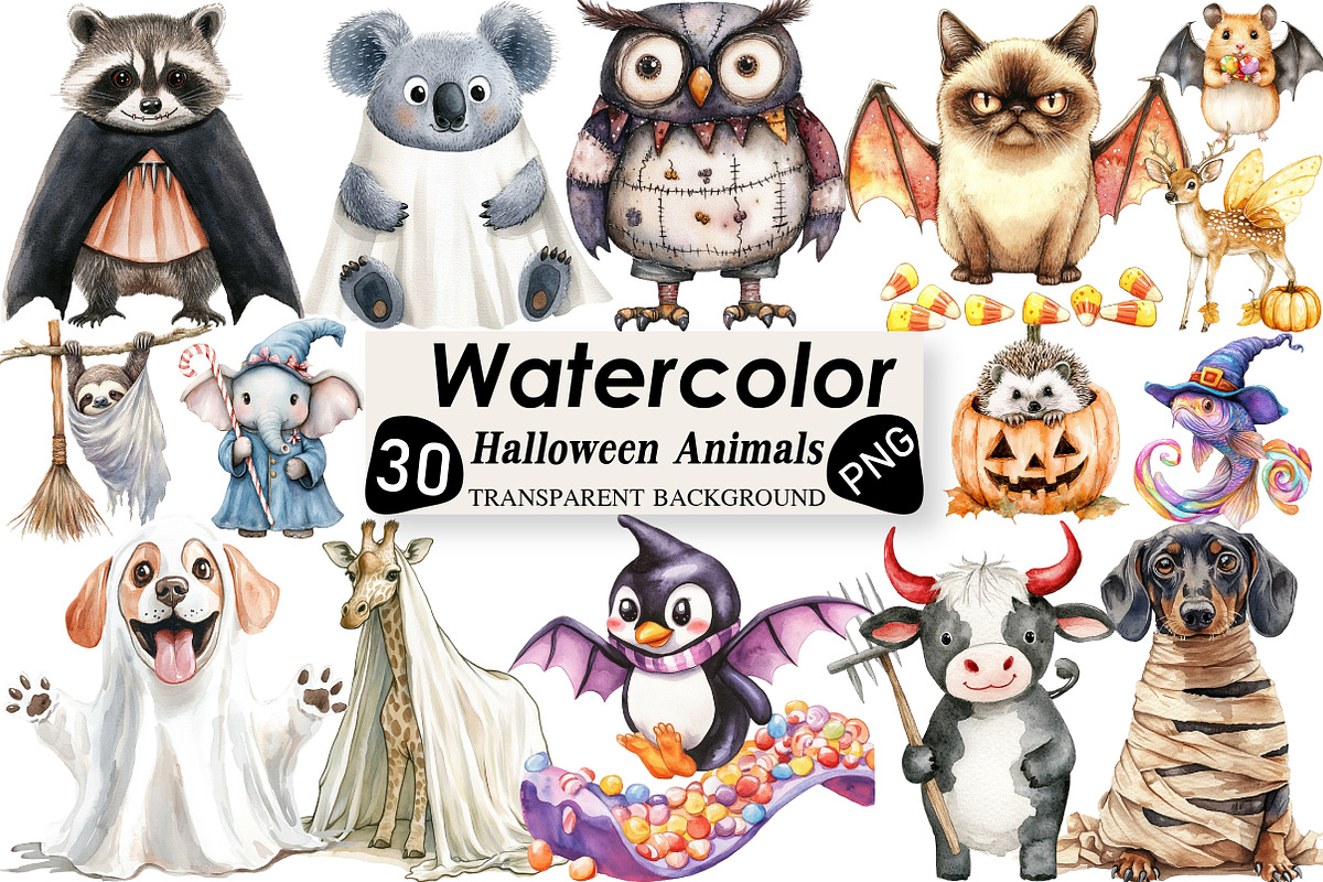 Halloween Funny Animals Clipart, an Illustration by Black Bird Studio (Photo 1 of 6)