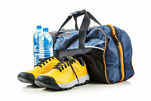 Sport bag with pair of shoes and plastic bottle isolated on whit, a Sports & Recreation Photo by AlyaAnd