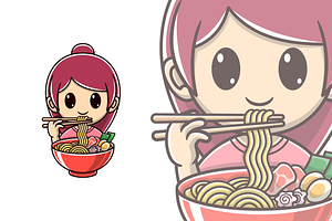 cute girl eating ramen cartoon, an Illustration by garistipis