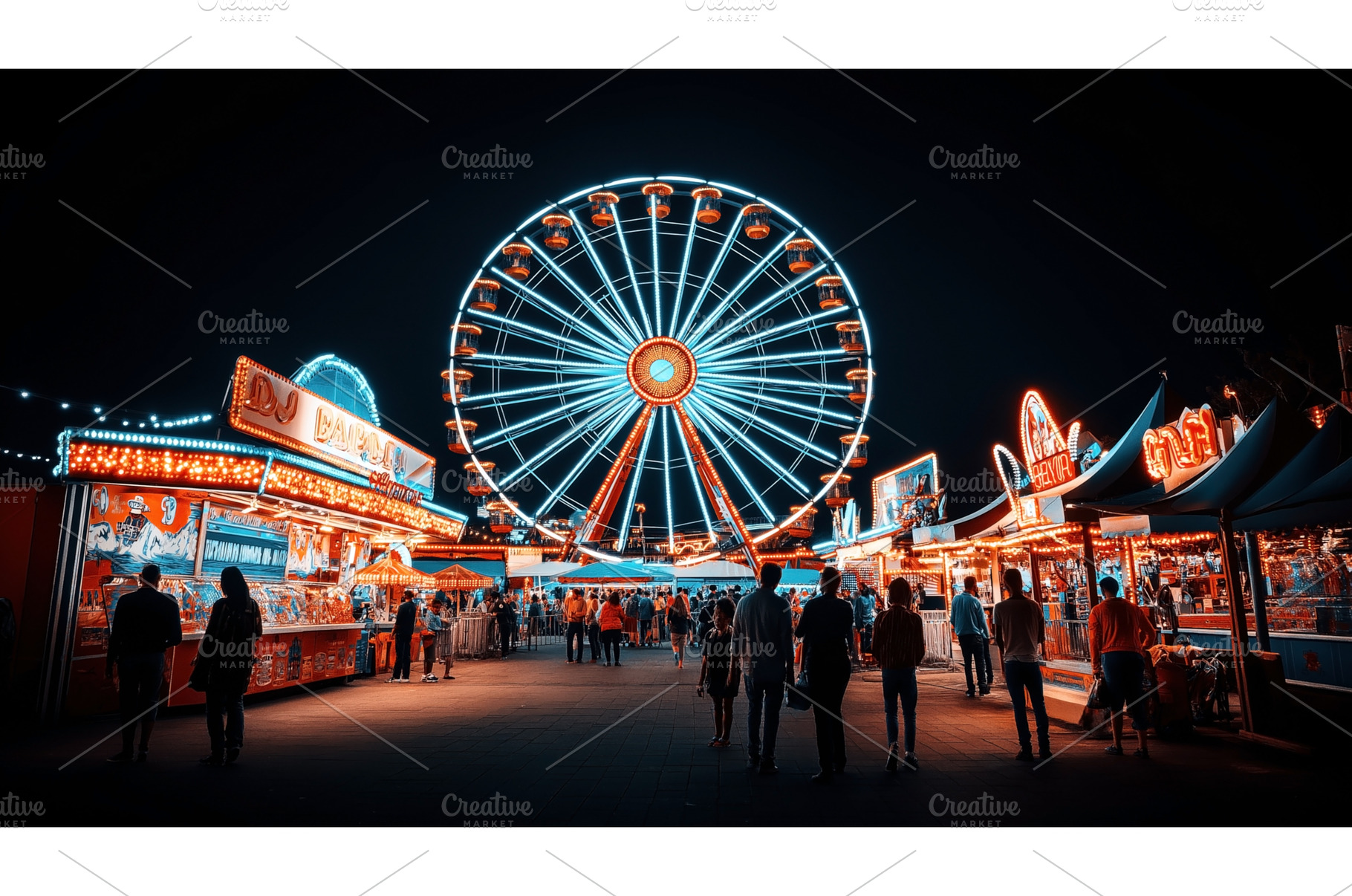 Nighttime fairground with a brightly, a Holiday Photo by Sergey Kotenev