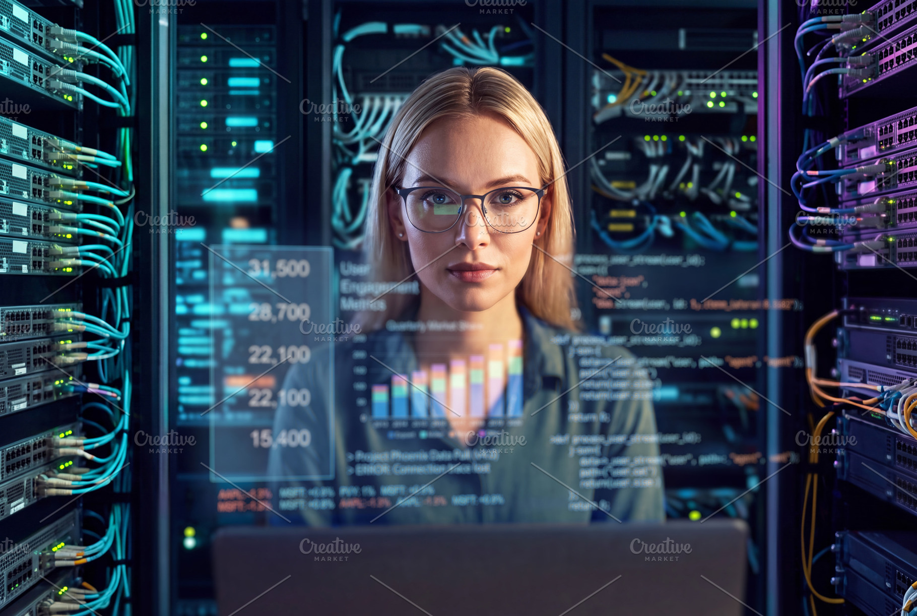 Professional female IT engineer (blonde woman in glasses) workin, a Technology Photo by Volff