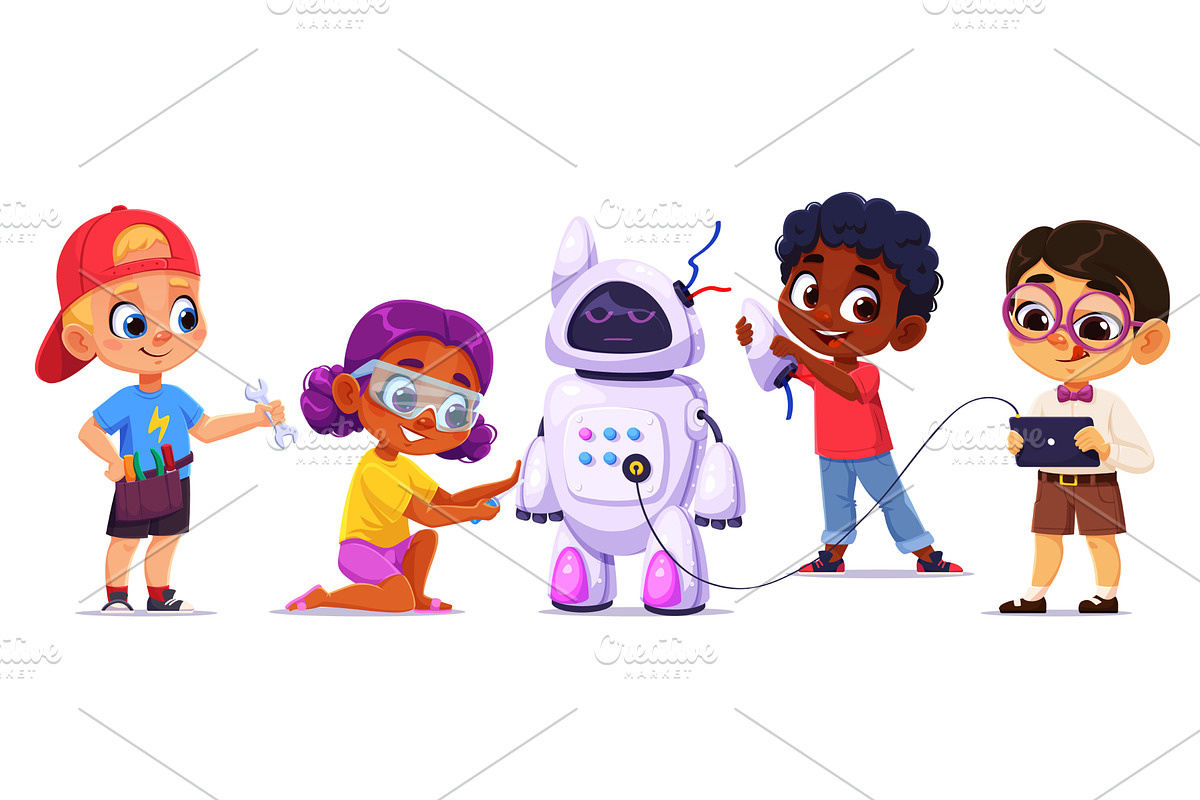 Kids assemble and repair robot, a Person Illustration by Buch&Bee
