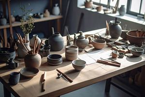 Pottery Tools and Handmade Ceramics on Wooden Table, an Arts & Entertainment Photo by Davizro's Market