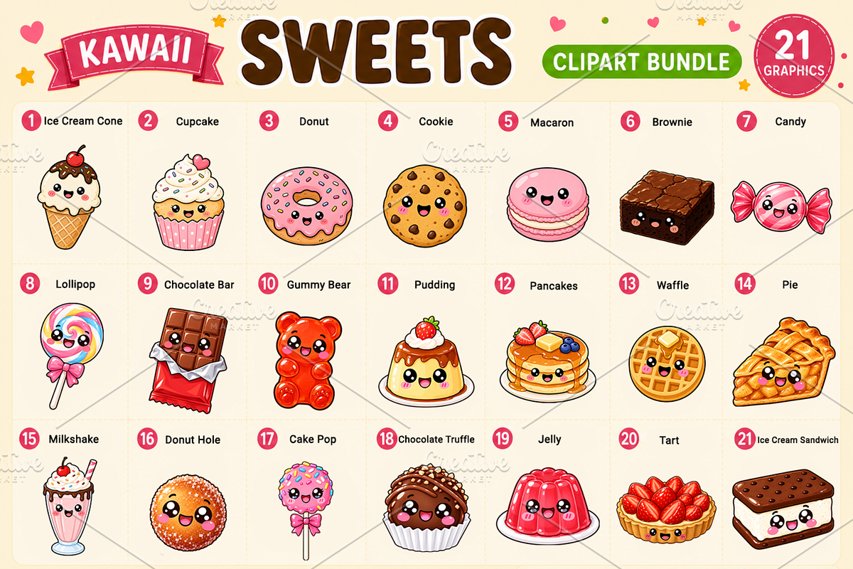 Kawaii Sweets Clipart PNG, a Food Illustration by QM_ART (Photo 2 of 4)