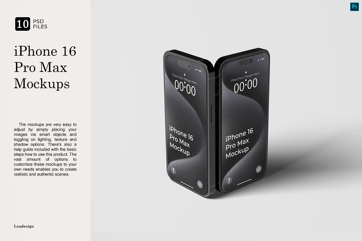 iPhone 16 Pro Max Mockups, an iPhone Mockup by Lxadesign (Photo 1 of 14)