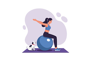 Woman exercising on a blue fitness b, an Illustration by designvectx