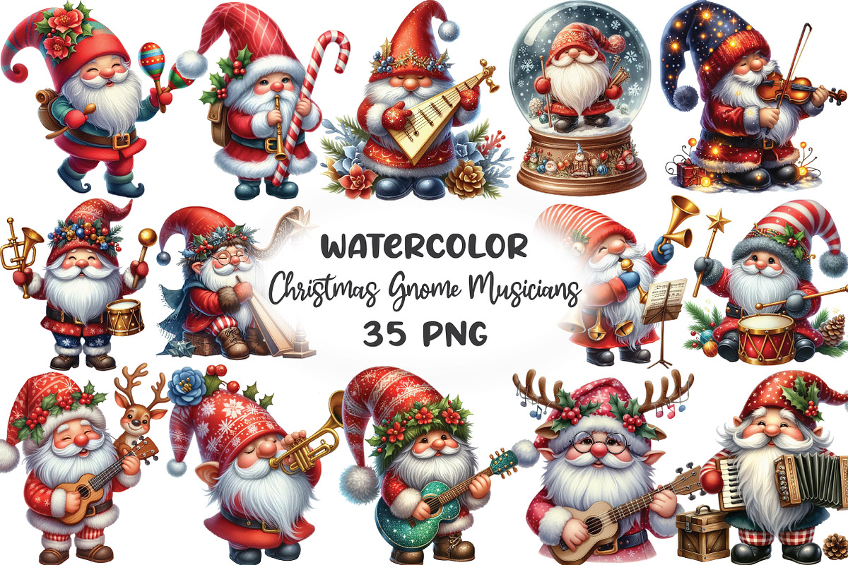 Christmas Gnome Musicians PNG, an Illustration by CraftArtStudio (Photo 1 of 6)