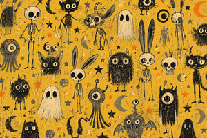 Vintage Halloween pattern with whimsical skeletons, ghosts, blac