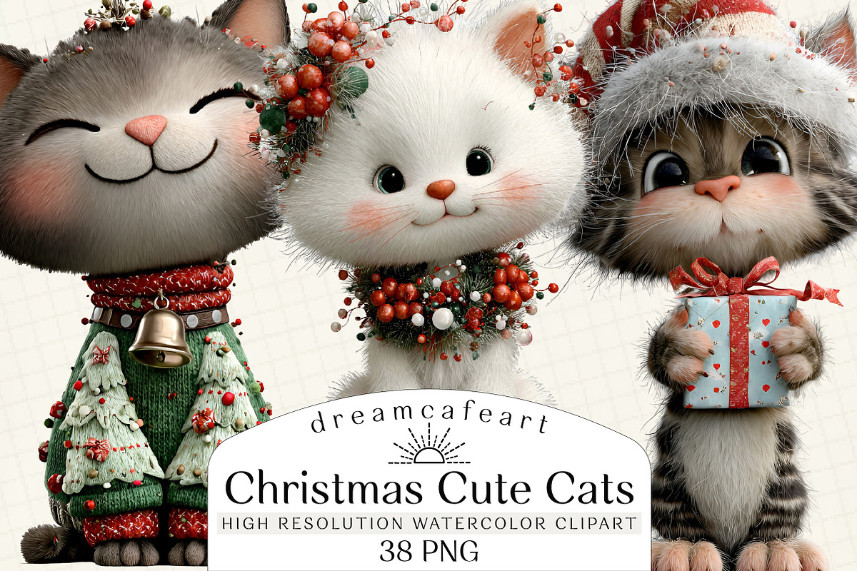 Christmas Cute Cats Clipart, an Illustration by DreamCafeArt (Photo 1 of 8)