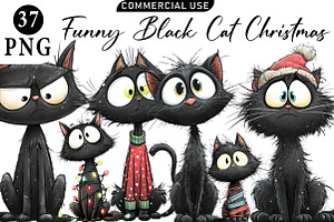 Funny Black Cat Christmas Clipart, an Illustration by Daily.Designs