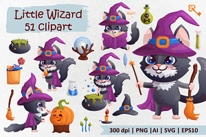 Cat - little wizard. Clipart. Vector