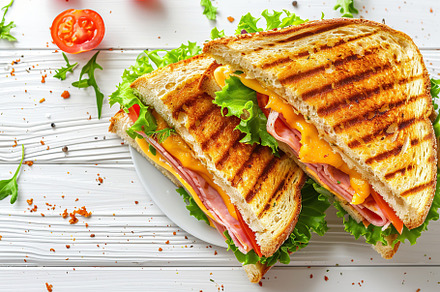 Toast sandwich with cheese, turkey ham, tomato and fresh lettuce on wooden tabl, a Food & Drink Photo by AlyaAnd