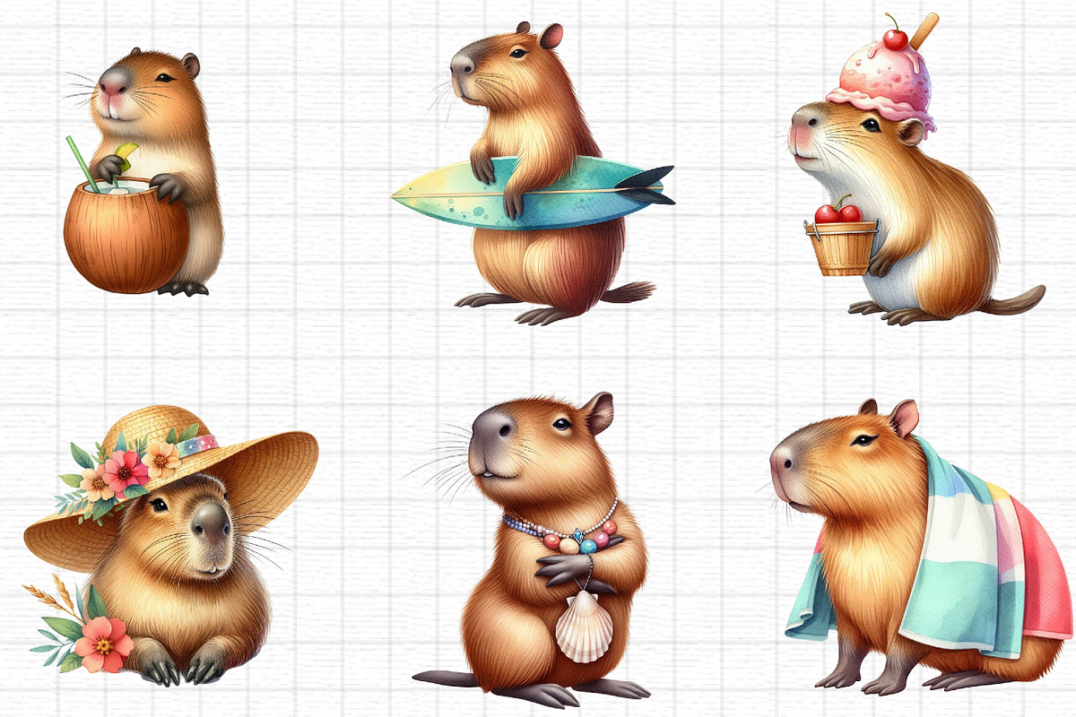 Summer Capybara Watercolor Clipart, an Illustration by cherrydesign (Photo 3 of 4)