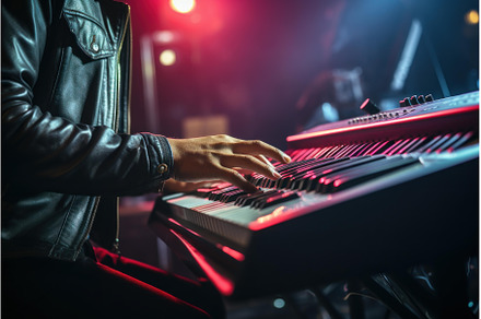 Musician playing keyboard on stage, an Industrial Photo by Ylivdesign