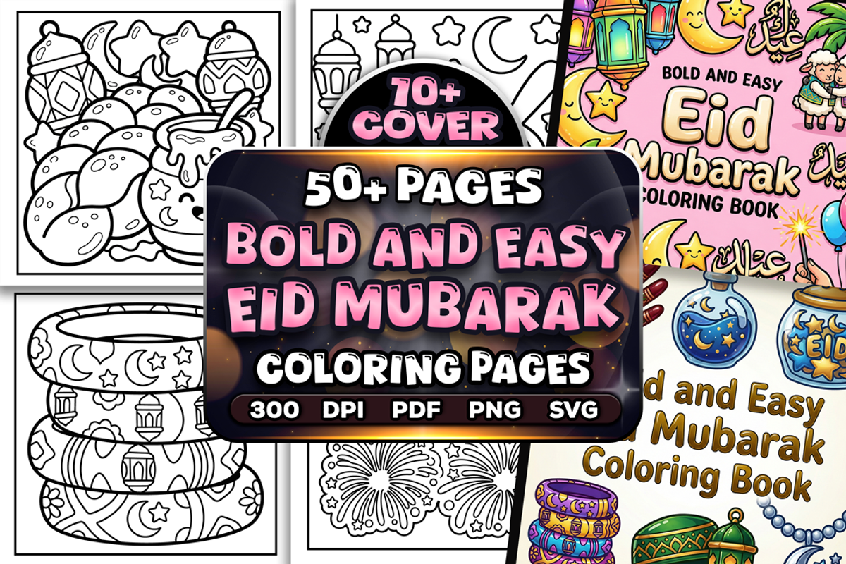 Easy Eid Mubarak Coloring Pages, a Seasonal Illustration by Craftsbeefy (Photo 1 of 4)