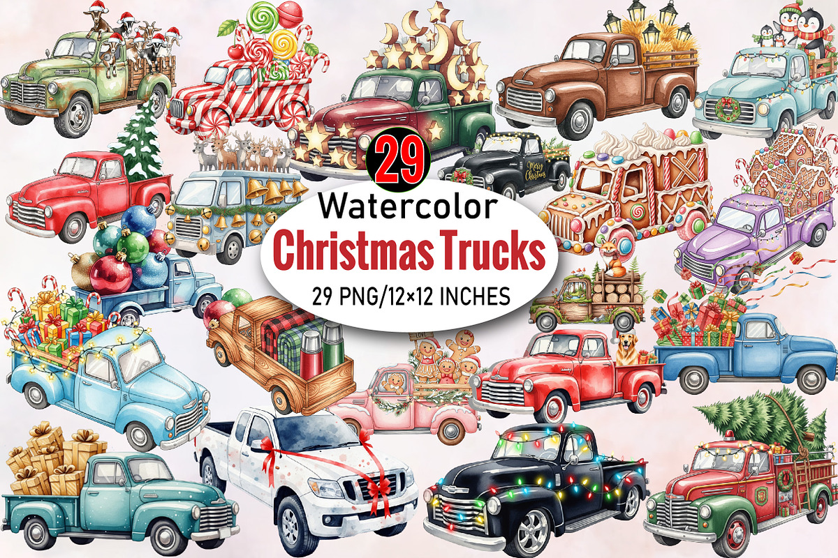 Christmas Trucks Clipart Bundle., an Illustration by SVGArt (Photo 1 of 8)