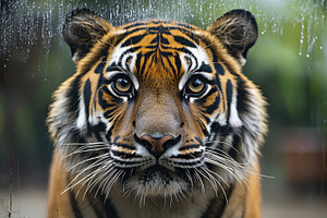 Tiger gazes intently, face close to, an Animal Photo by Pixeness Studio