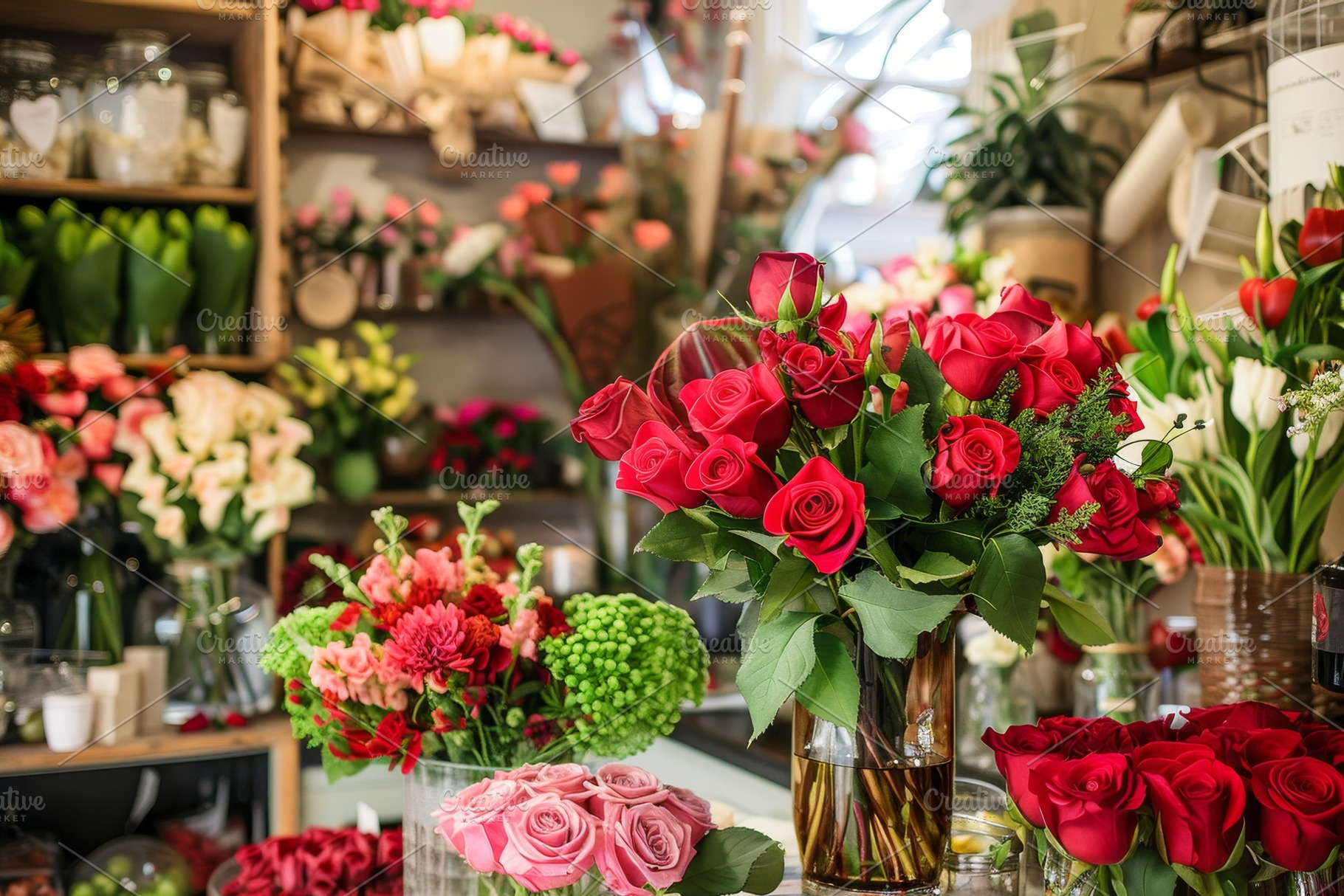 In a lively flower shop, a bouquet o, a Photo by Tanuart