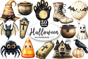 Beige & Black Halloween Clipart, an Illustration by Watercolor design