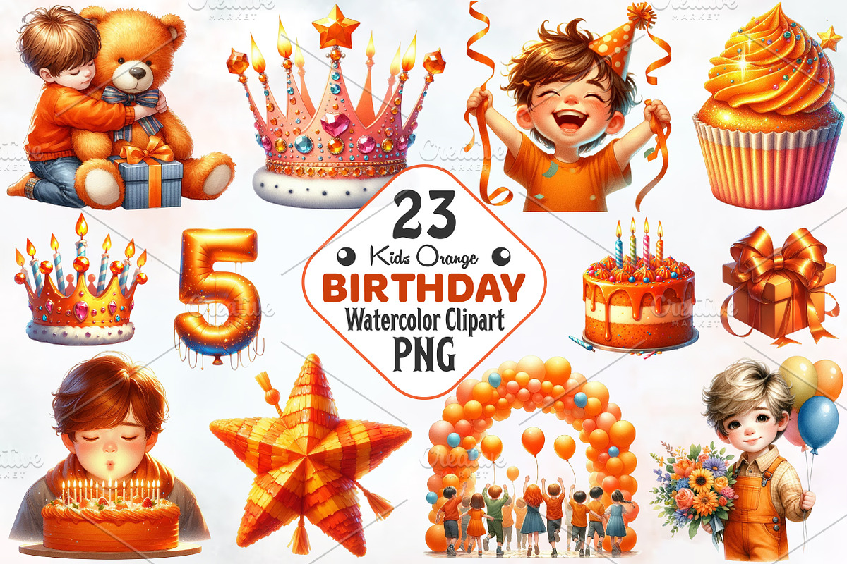 Kids Orange Birthday Watercolor Pngs, an Illustration by RobertsArt (Photo 1 of 7)