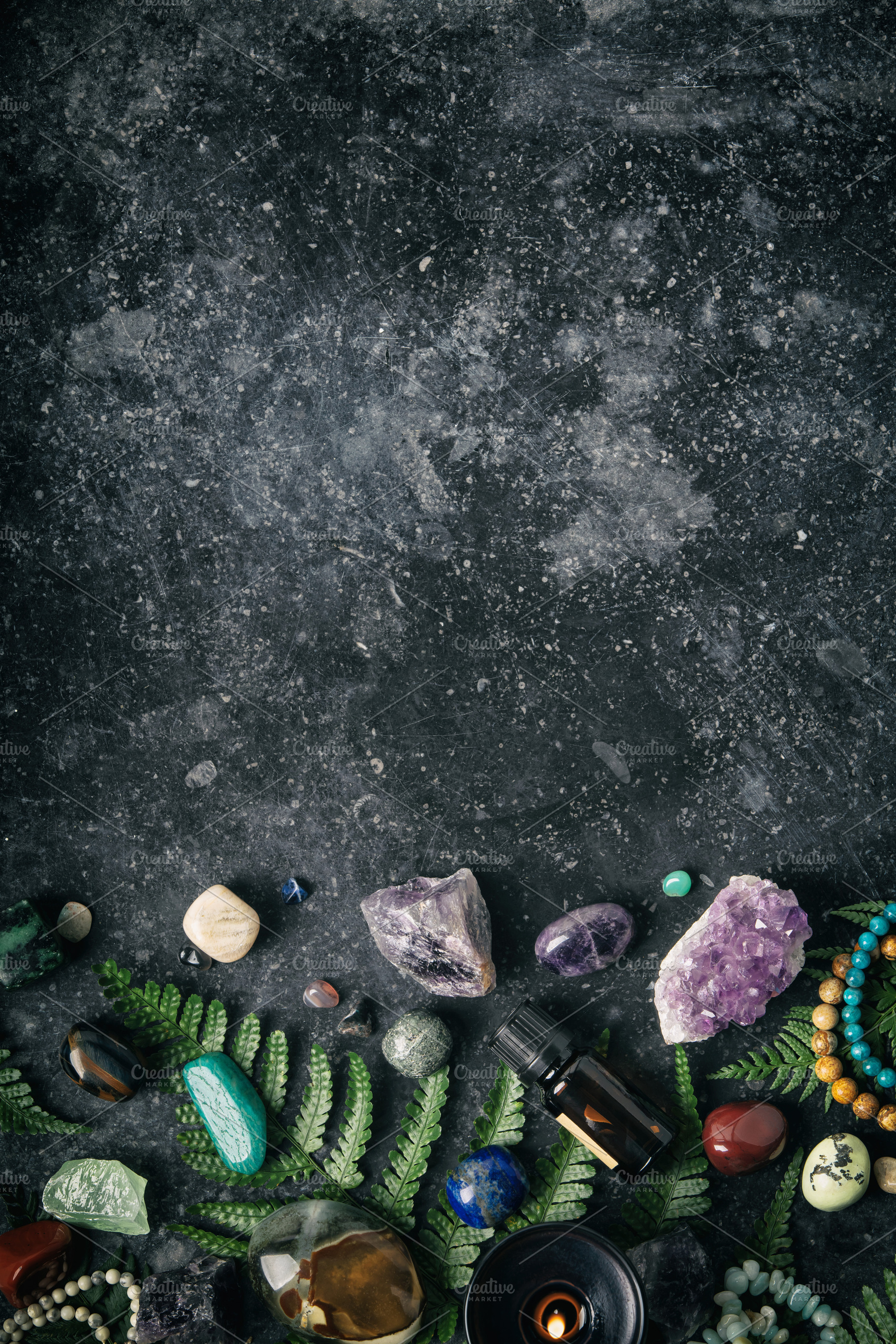 Healing Crystals and Ferns on Dark Background, an Abstract Photo by Natalia Klenova's Shop