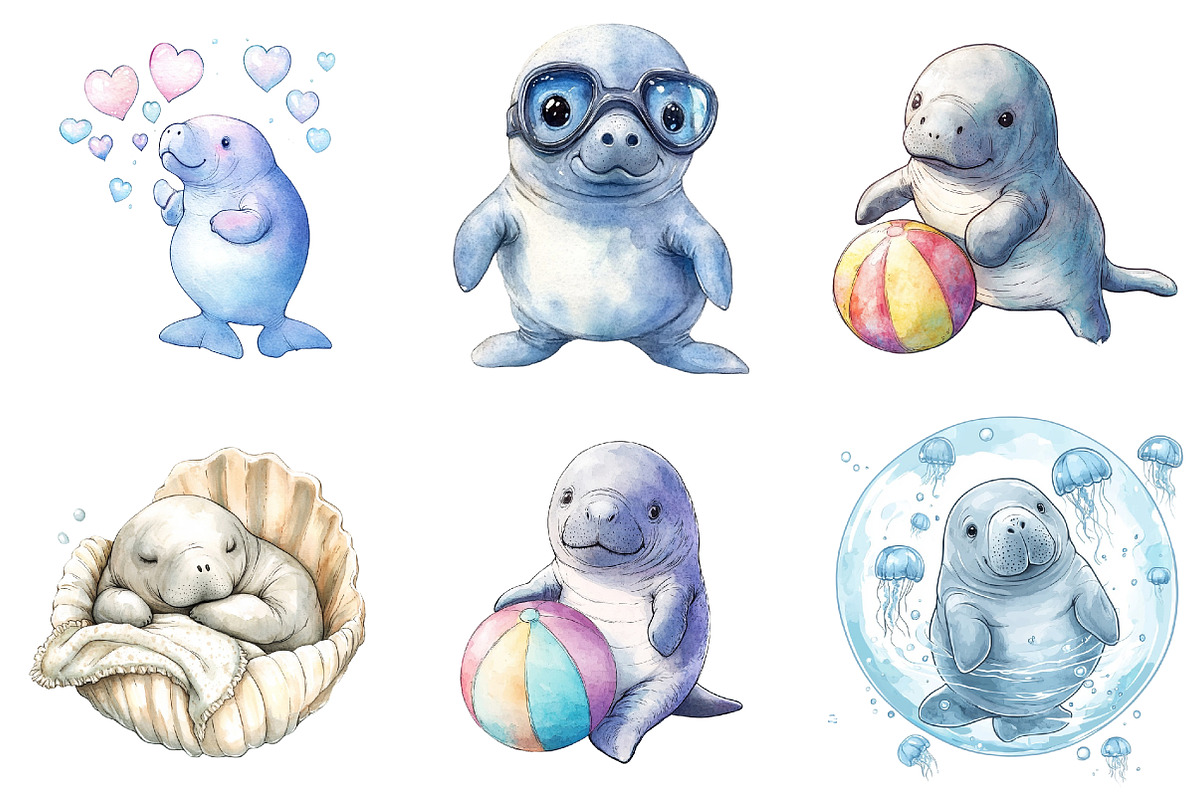 Cute Baby Watercolor Manatees png, an Illustration by Watercolor design (Photo 3 of 5)