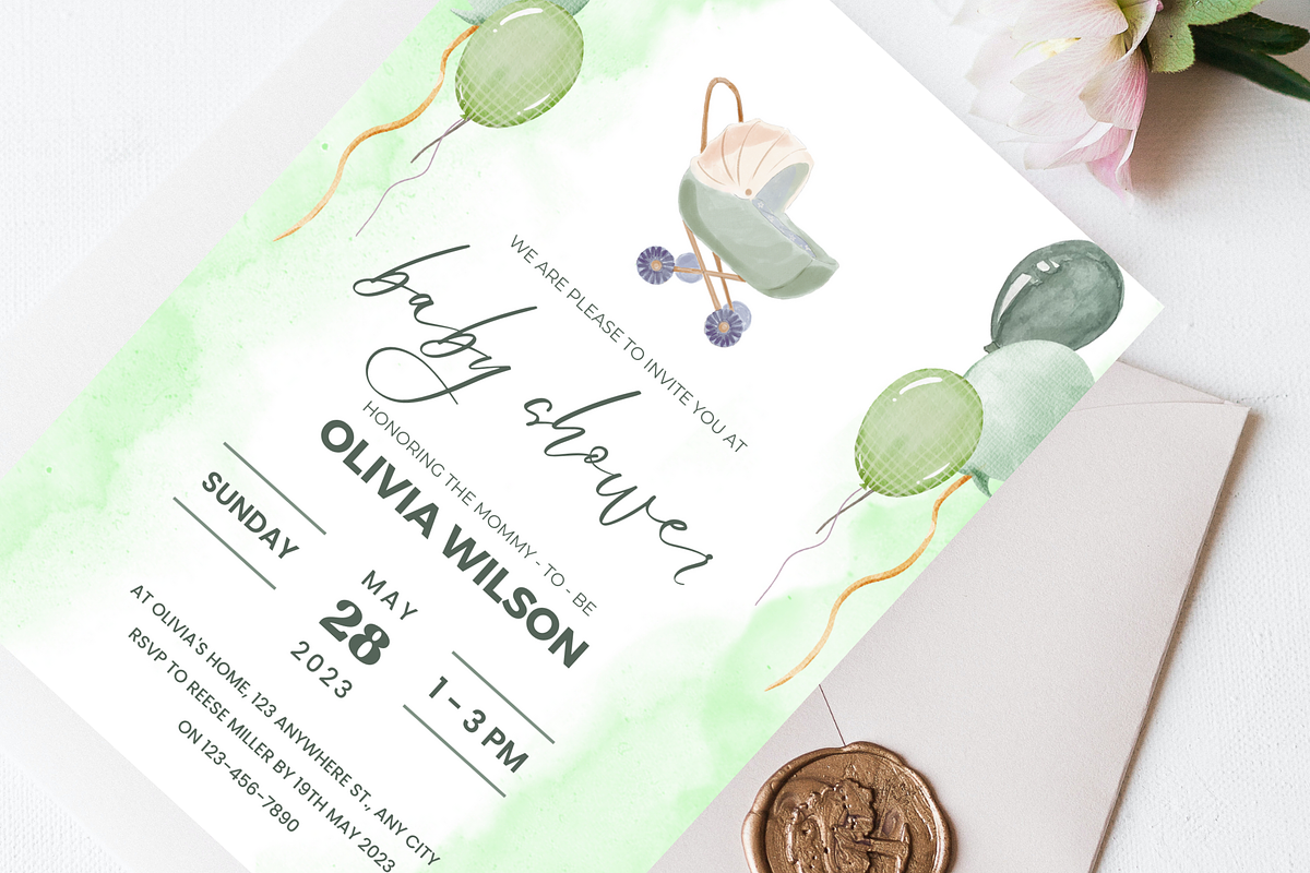 Green Baby Shower Invitation Card, an Invitation Template by TheSimplySereneShop (Photo 8 of 11)