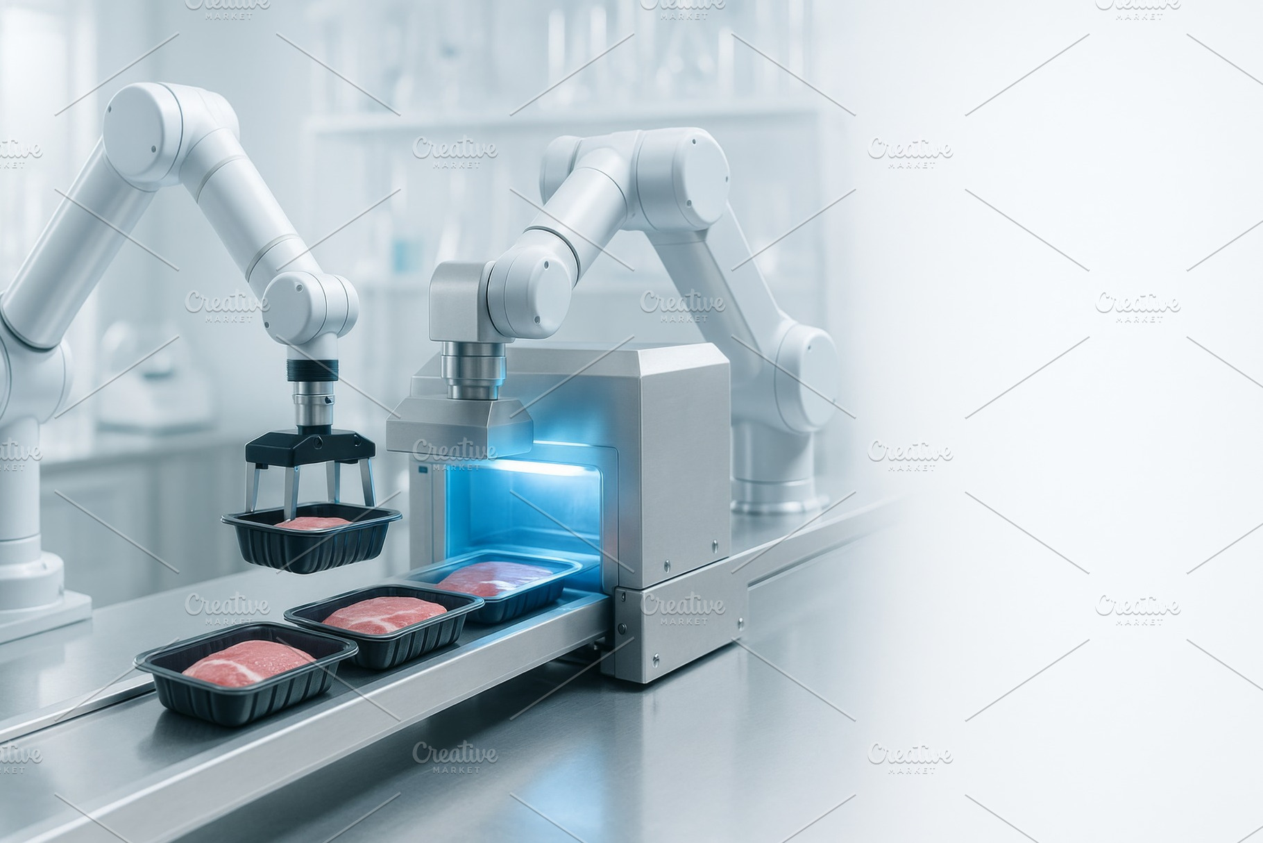 Robotic food packaging assembly line, a Photo by Dvoevnore photos