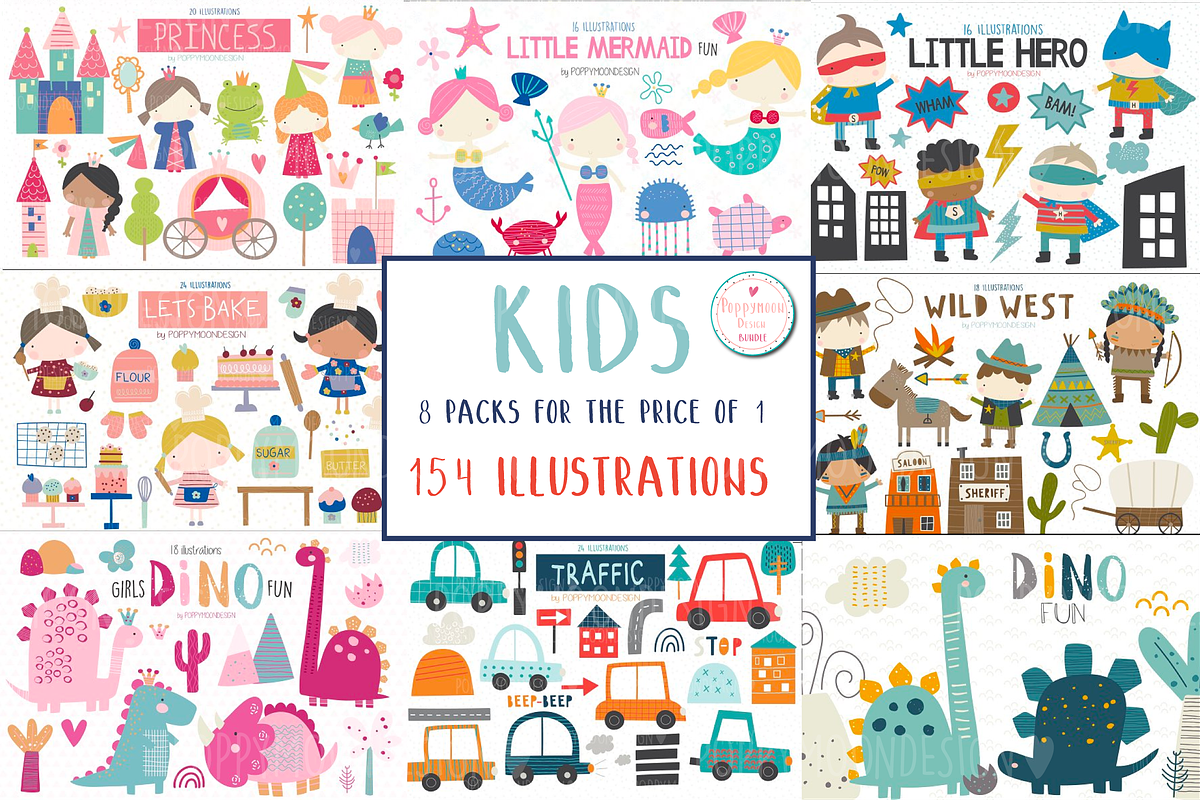 Kids bundle, a Decorative Illustration by Poppymoondesign (Photo 1 of 9)