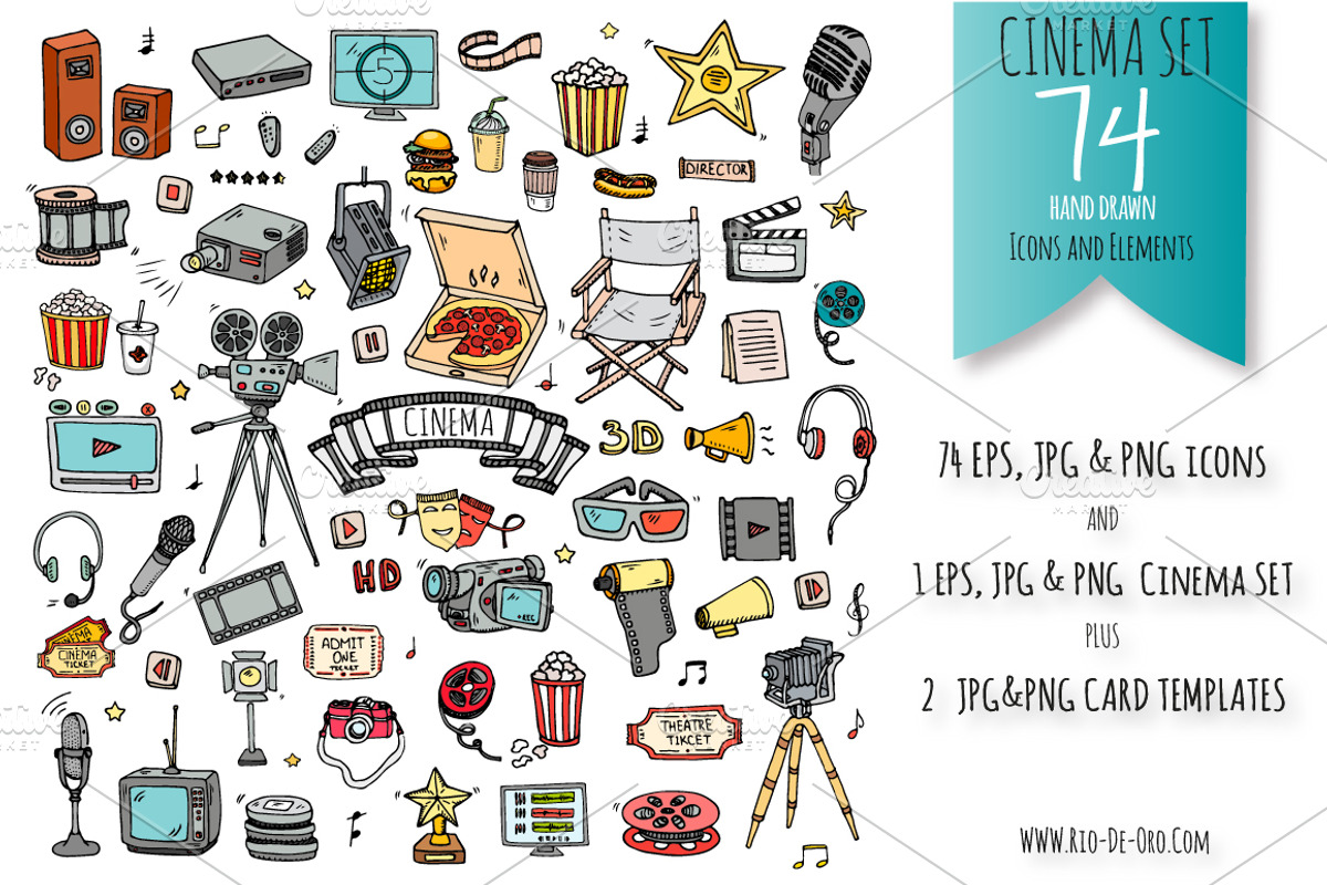 74 Cinema hand drawn color elements, an Outline Icon by Natasha-Pankina.com (Photo 1 of 2)