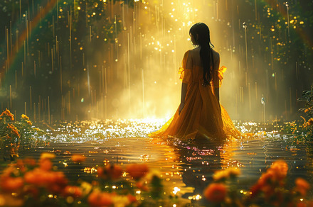 beautiful woman walking in the rain among flowers, a Photo by Pictures for you!!!!!!!!!