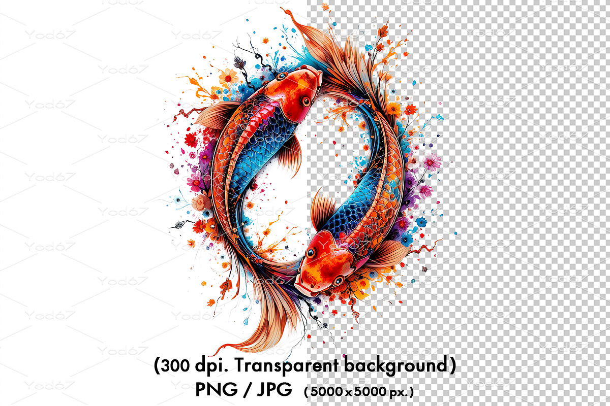 Two koi fish swimming in a circle., an Animal Illustration by yod67 (Photo 1 of 9)