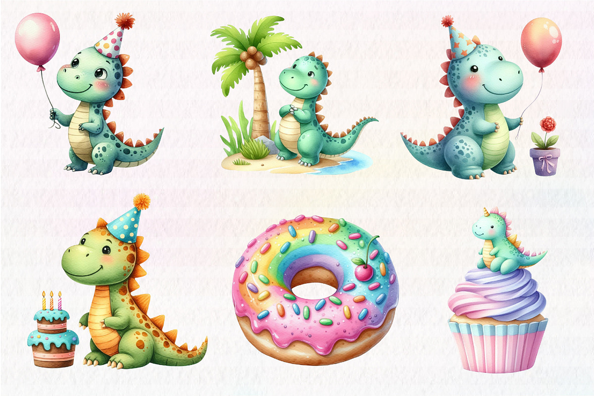Cute Dinosaur Birthday Watercolor, an Illustration by CreationArt (Photo 4 of 4)