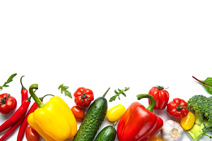 Fresh organic vegetables forming healthy food border, a Food & Drink Photo by Olena Rudo
