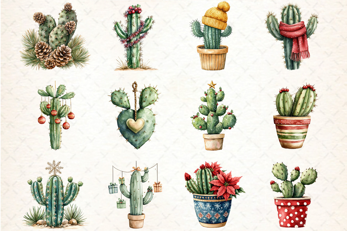 Watercolor Christmas Cactus Clipart, an Illustration by DreamCafeArt (Photo 4 of 4)